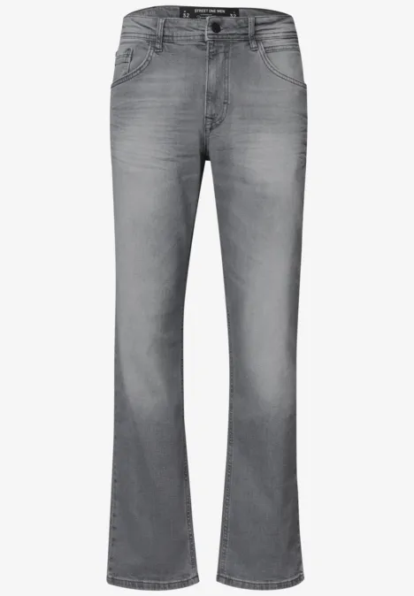 Jean gris coupe droite, cinq poches et taille mi-haute pour un style classique.
