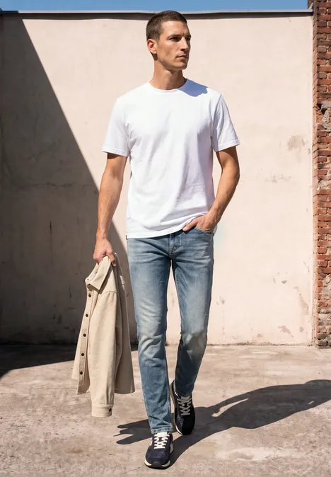 Ein lässig gekleideter Mann in weißem Shirt, Jeans und Sneakers, der im Sonnenlicht eine beige Jacke trägt und spaziert.