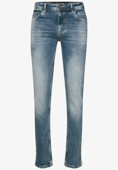 Mediumblaue, gerade geschnittene Jeans mit dezentem Used-Look