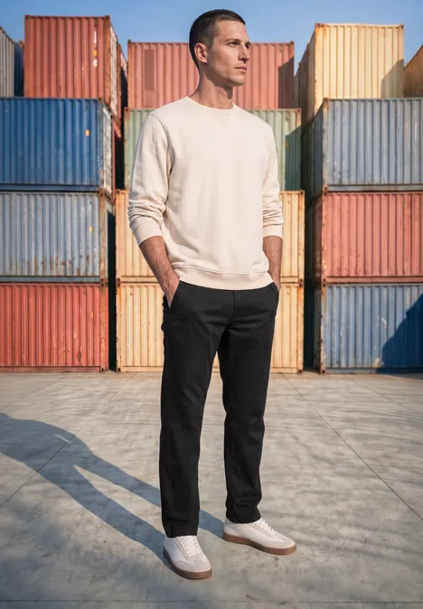 Ein Mann in legerer Kleidung steht vor bunten Frachtcontainern, die Sonne wirft seinen Schatten auf den Boden.