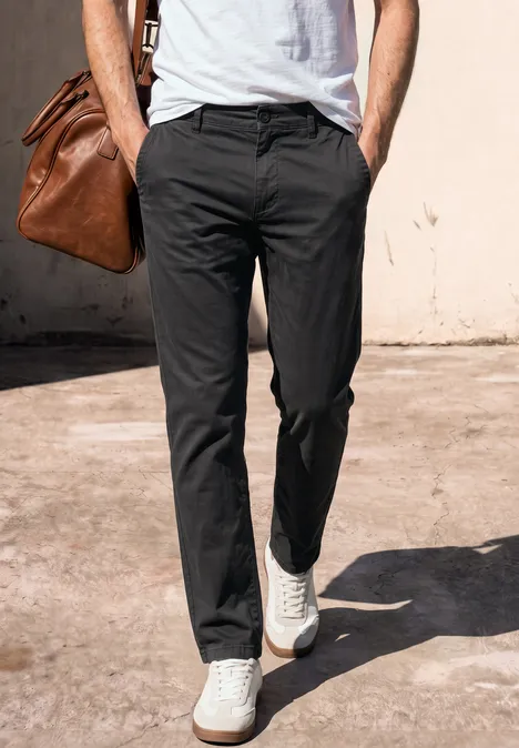 Eine Person geht, trägt schwarze Hosen, weiße Sneaker und eine hellbraune Ledertasche.