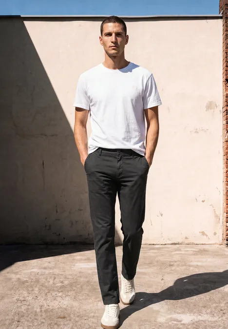 Ein Mann in weißem T-Shirt und dunkler Hose läuft selbstbewusst an einer hellen Wand entlang.