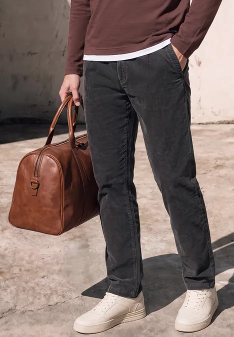 Person in schwarzer Hose, weißer Sneaker und brauner Reisetasche auf hellem Betonboden.