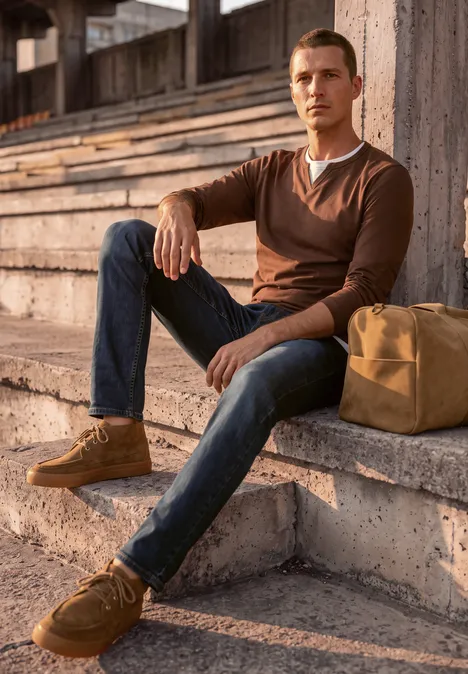 Een man zit op betonnen tribunes, draagt een bruine trui en jeans, naast een reistas.