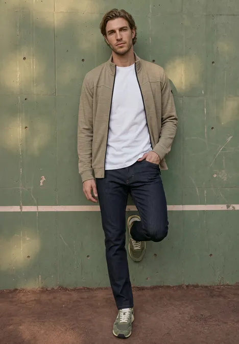 Ein Mann in beige Jacke, weißem T-Shirt, dunklen Jeans und grünen Sneakern lehnt locker an einer grünen Wand.