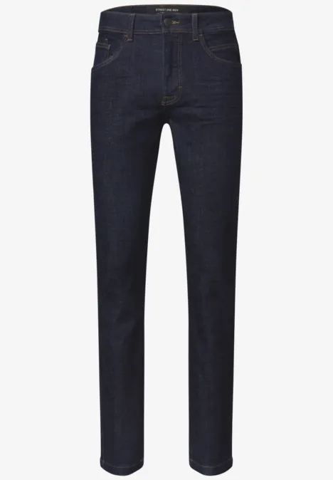 Dunkelblaue, gerade geschnittene Jeanshose mit klassischen fünf Taschen und Kontrastnähten.