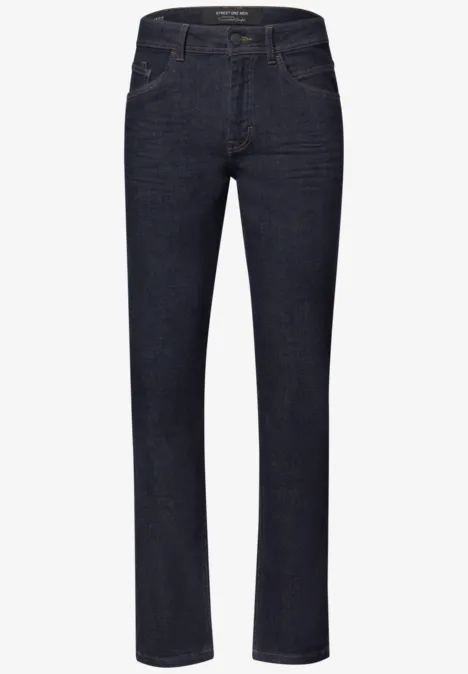 Jean bleu foncé coupe droite, cinq poches, design classique et épuré.