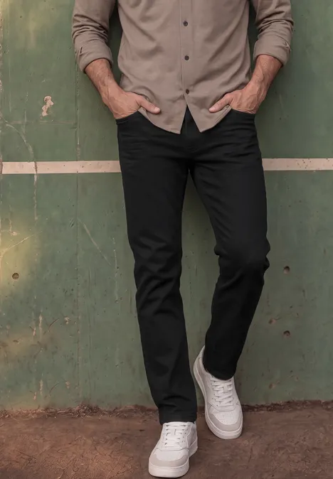 Dżinsy Slim Leg o kroju Slim Fit clean black Dolna część ciała mężczyzny przed zieloną ścianą, ma czarne dżinsy i białe trampki.