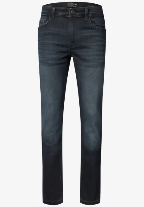 Jean Slim Leg à coupe classique dark blue coloured back Jean droit bleu foncé à cinq poches avec léger effet délavé pour un style classique.