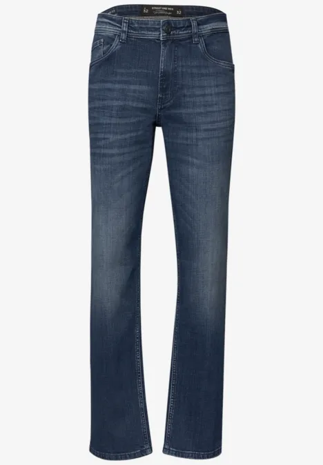 Donkerblauwe jeans met rechte pasvorm en subtiele wassing