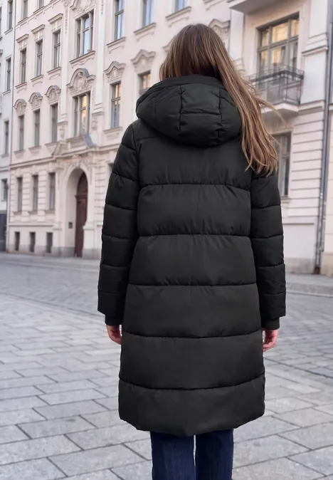 Frau in schwarzer Steppjacke von hinten auf Kopfsteinpflaster vor historischen Häusern.