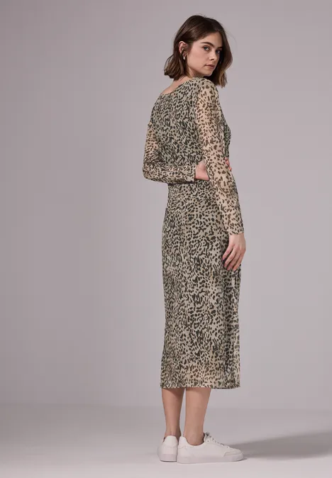 Mesh-Kleid mit Leo-Print creamy brown
