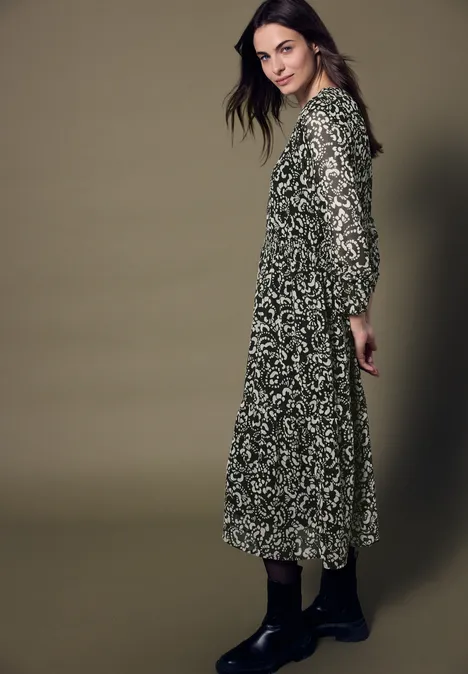 Chiffon Midi-Kleid mit Print Black