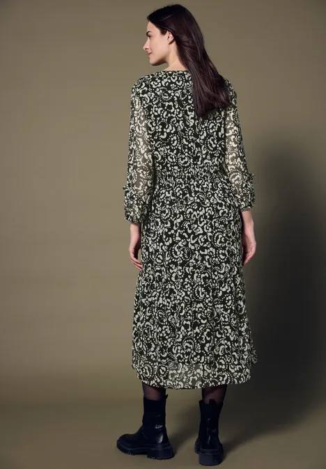 Chiffon Midi-Kleid mit Print Black