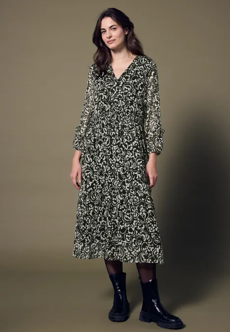 Chiffon Midi-Kleid mit Print Black