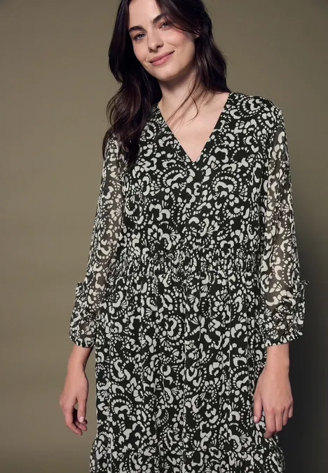 Chiffon Midi-Kleid mit Print Black