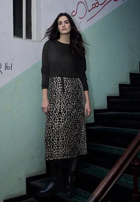 Robe midi avec jupe léopard Black