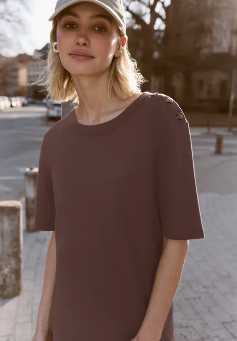 Midi-jurk met ronde hals en knoopdetail mahogany brown