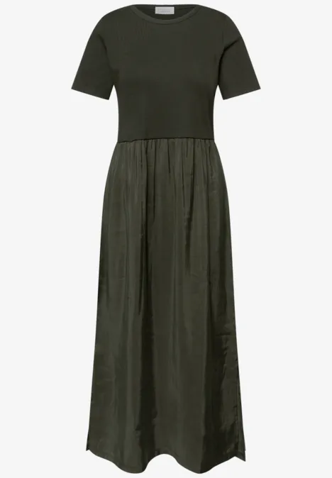 Midi-Kleid mit Rundhals und Strukturmix oil green Midi-Kleid mit Rundhals und Strukturmix oil green