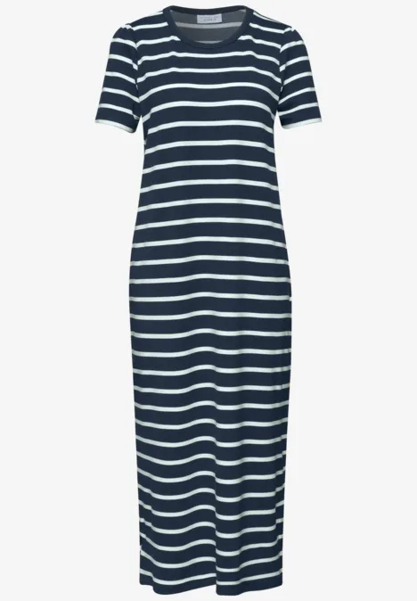 Donkerblauw-wit gestreepte T-shirtjurk met korte mouwen en midilengte.
