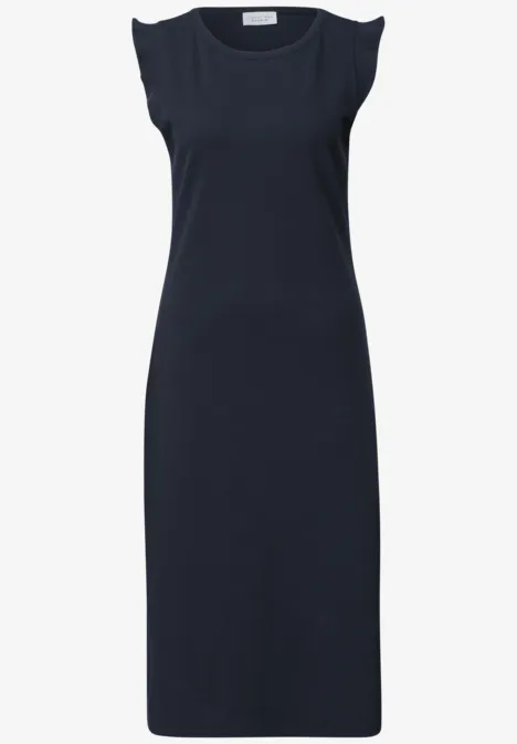Zwarte mouwloze midi-jurk van jersey, strak en minimalistisch.