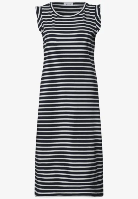 Ärmelloses Midikleid mit schwarzen und weißen Querstreifen und rundem Ausschnitt.