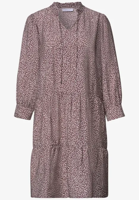 Knielanges Kleid mit V-Neck und Print vanilla sand Rosa Midikleid mit langen Ärmeln, V-Ausschnitt mit Kordeln, Stufenrock und feinem dunkelbraunem Muster
