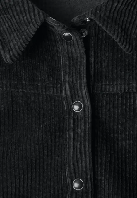 Kniehoge jurk van corduroy in effen kleur inked grey Zwart corduroyjasje met opstaande kraag en zilverkleurige drukknopen.
