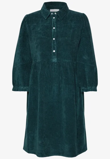 Dunkelgrünes Cordkleid mit Hemdkragen, Knopfleiste, tailliertem Bund und 3/4-Ballonärmeln.