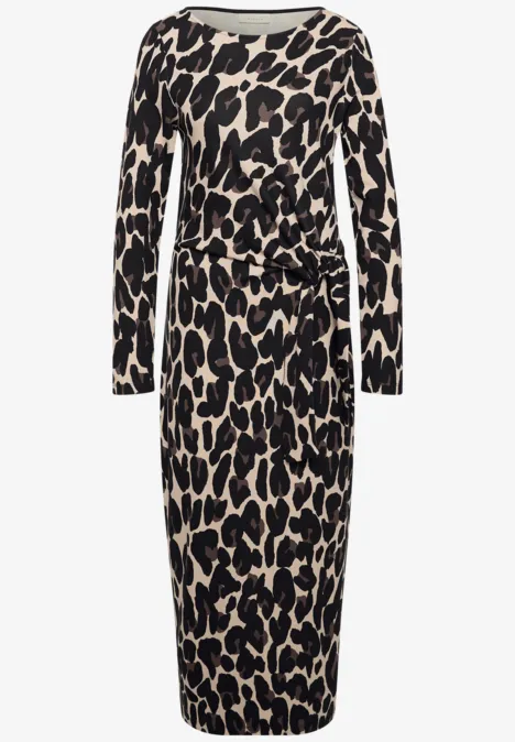 Robe mi-longue en jersey avec un nœud Black Robe mi-longue léopard élégante à manches longues et détail noué à la taille.