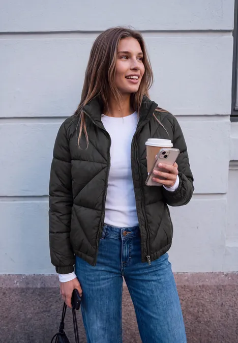Junge Frau in schwarzer Steppjacke und blauen Jeans steht vor Wand, hält Coffee-to-go und Tasche.