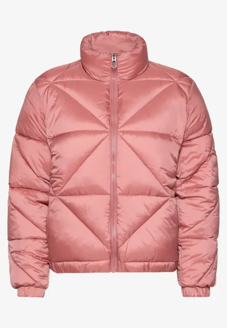 Kurze Jacke mit Stehkragen und Steppmuster Dark Vintage Rose Korallenrote, gesteppte Daunenjacke mit Reißverschluss und Stehkragen.