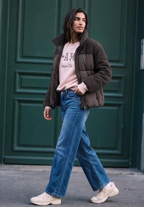 Jonge vrouw in jeans, roze trui en donzige jas loopt voor een groene deur.