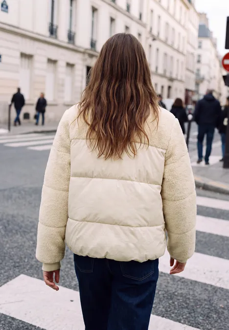 Une femme en doudoune beige et jean traverse un carrefour en ville
