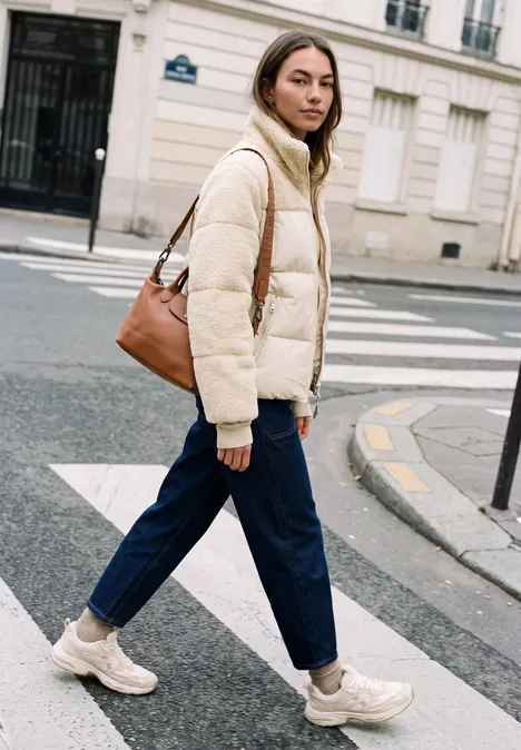 Jeune femme en doudoune crème et jean, traversant la rue en baskets beiges et sac marron devant un immeuble blanc.