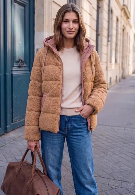 Veste en peluche à capuche avec des détails en softshell Honey Brown Dame im beigen Pullover und brauner Steppjacke mit blauen Jeans und Tasche auf der Straße.