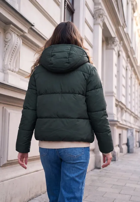 Eine Person in grüner Steppjacke mit Kapuze geht eine Straße entlang.