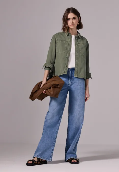 Cropped Jeans Overshirt Olive Washed