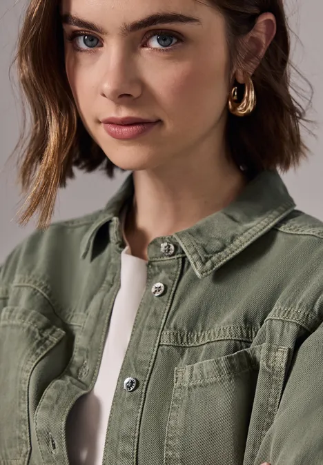 Cropped Jeans Overshirt Olive Washed