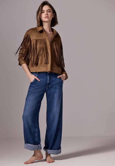 Velours-Jacke mit Fransen creamy brown