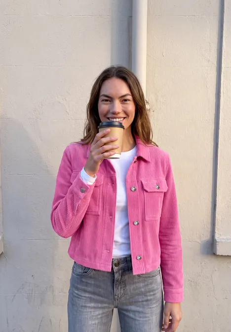 Eine lächelnde Frau in pinker Jacke und Jeans, die einen Kaffee in der Hand hält, vor einer hellen Wand.