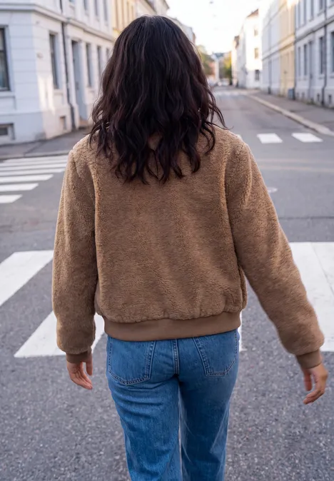 Eine Person von hinten in brauner Jacke und blauen Jeans beim Überqueren einer Straße.