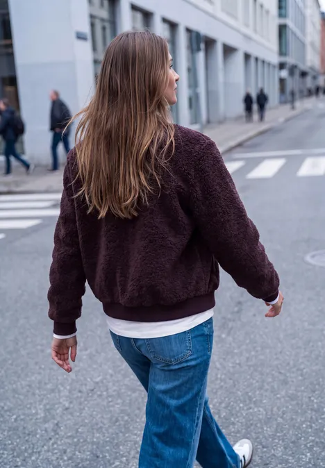 Teddyblouson mit Reißverschluss russet red Person in Jeans und dunkelroter Jacke überquert eine Stadtstraße, von hinten gesehen.