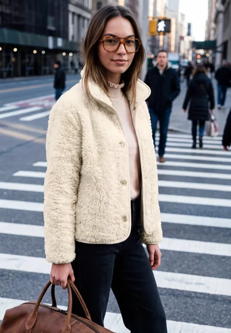 Eine Frau mit Brille und cremefarbener Teddyjacke über schwarzer Hose trägt eine braune Ledertasche auf der Straße.