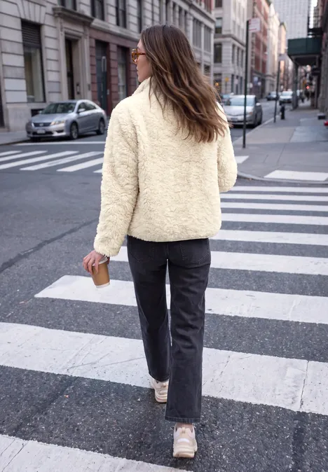 Frau in beiger Teddy-Jacke mit Kaffeebecher überquert Zebrastreifen in urbaner Straßenszene.