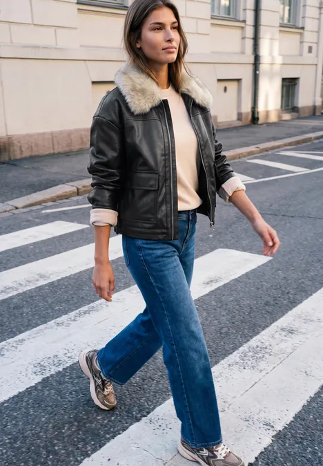 Vrouw in leren jack, spijkerbroek en sneakers steekt een zebrapad over.