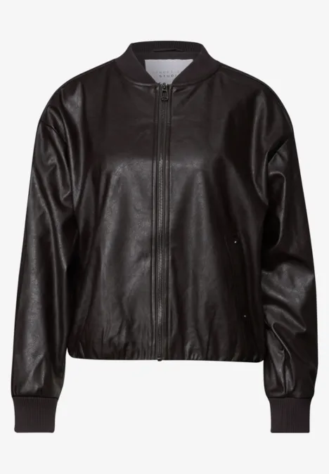 Blouson aspect cuir charred brown Schwarze Lederjacke mit Reißverschluss, Bomber-Stil, langärmelig, gerippte Bündchen und Saum