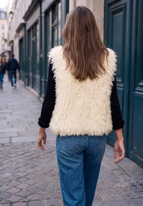 Rückansicht einer Person in flauschiger Weste, schwarzem Oberteil und Jeans auf gepflastertem Gehweg.