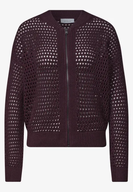 Cardigan mit Rundhals und Zipper very berry Damen-Bomberjacke aus lockerem Mesh-Strick in Beerenton mit Frontreißverschluss