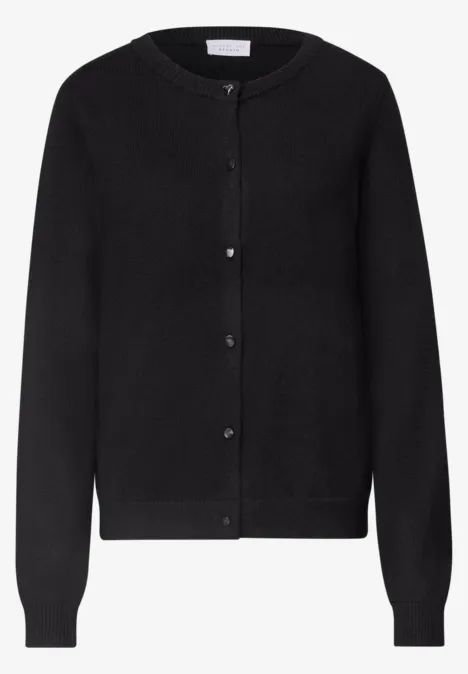 Schwarze, langärmlige Strickjacke mit Rundhals, Knopfleiste und gerippten Bündchen.
